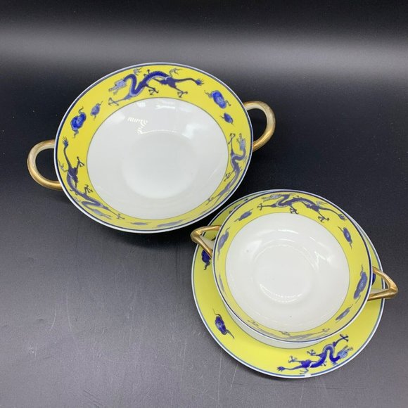 Nippon | Dining | 3pc Vintage Nippon Yellow Blue Dragon Soup Cup With ...